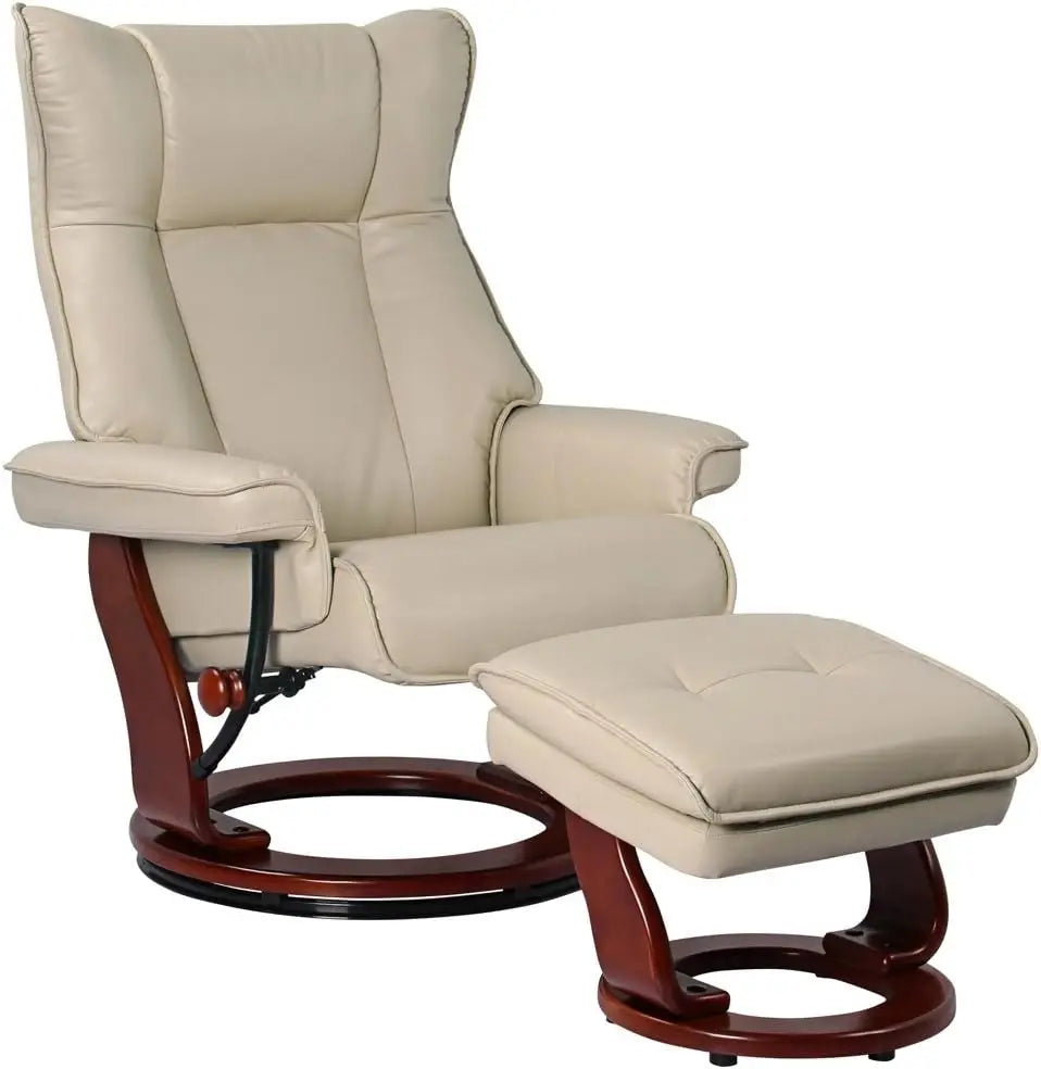 MOLLY Kyle Taupe Swivel Recliner Chair with Ottoman – Modern Faux Leather Armchair – 28.5"-42" W