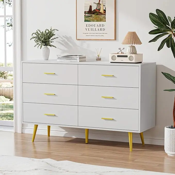 RACHEL Mid-Century Modern 6-Drawer Wood Dresser with Gold Handles - 47.24'' Wide