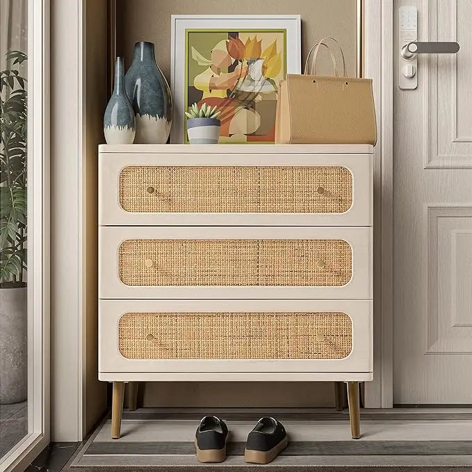 MEADOW Boho Rattan 3-Drawer Dresser - Farmhouse Wooden Storage Cabinet 26"W