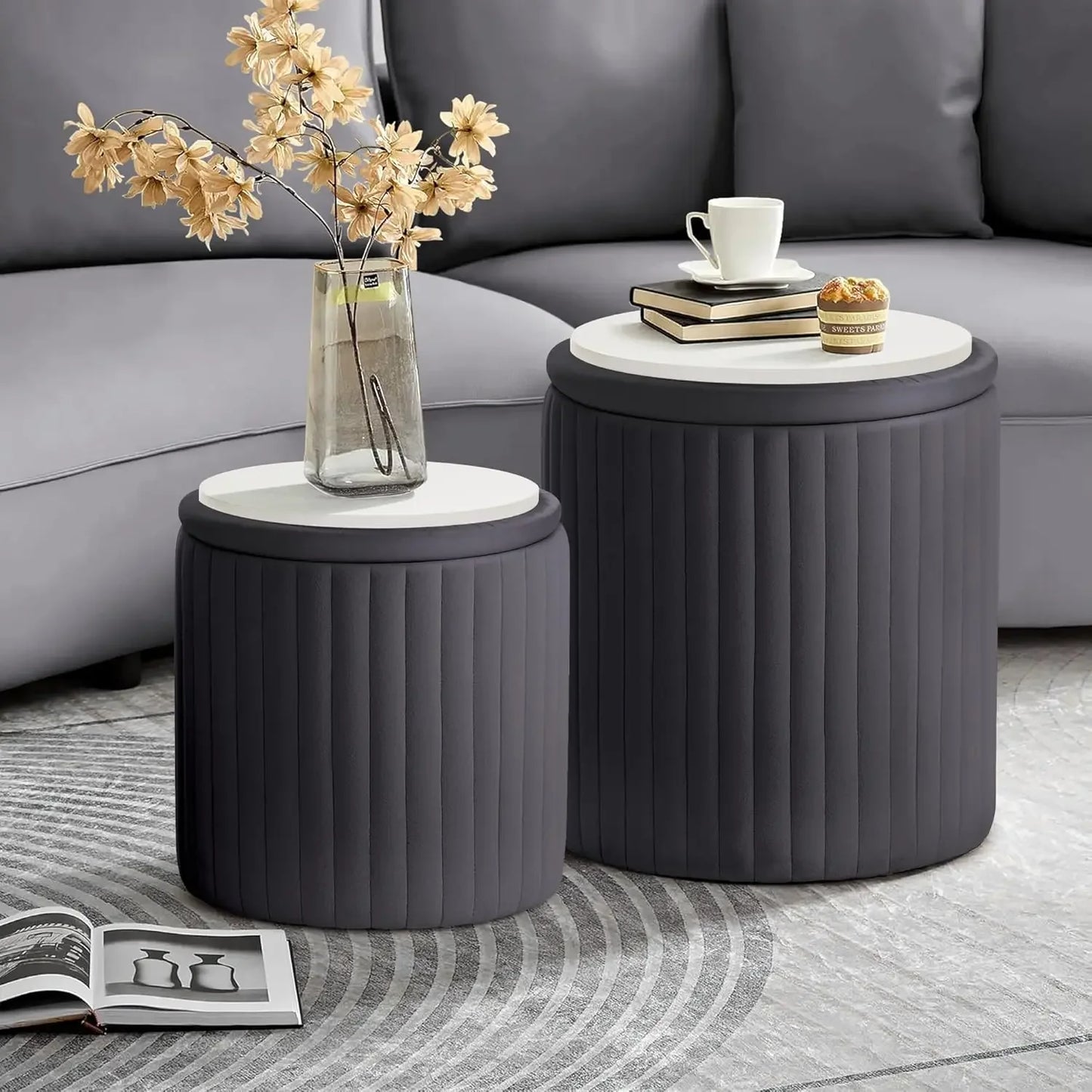 KENNEDY Round Velvet Upholstered Ottoman Set of 2 with Storage - 14.76" W