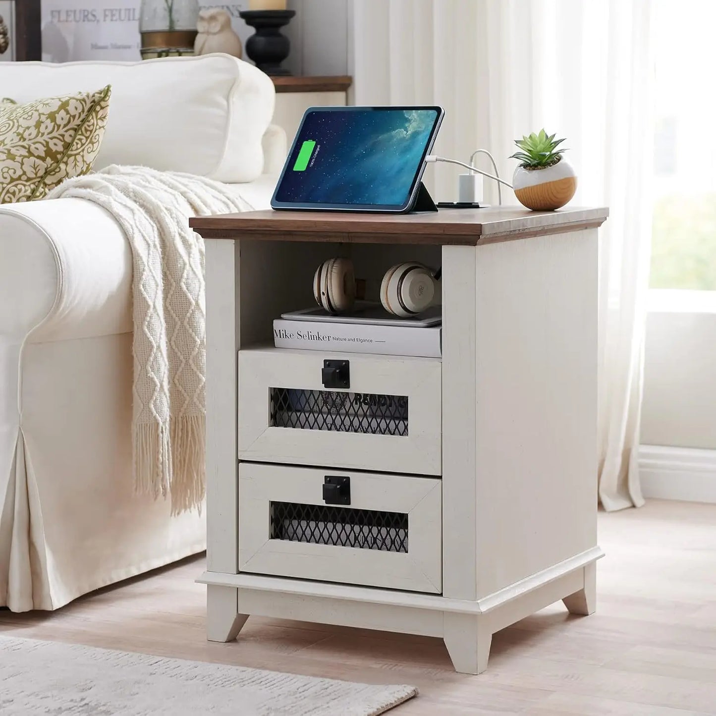 DREAM Farmhouse Nightstand with Charging Station & Mesh Drawers