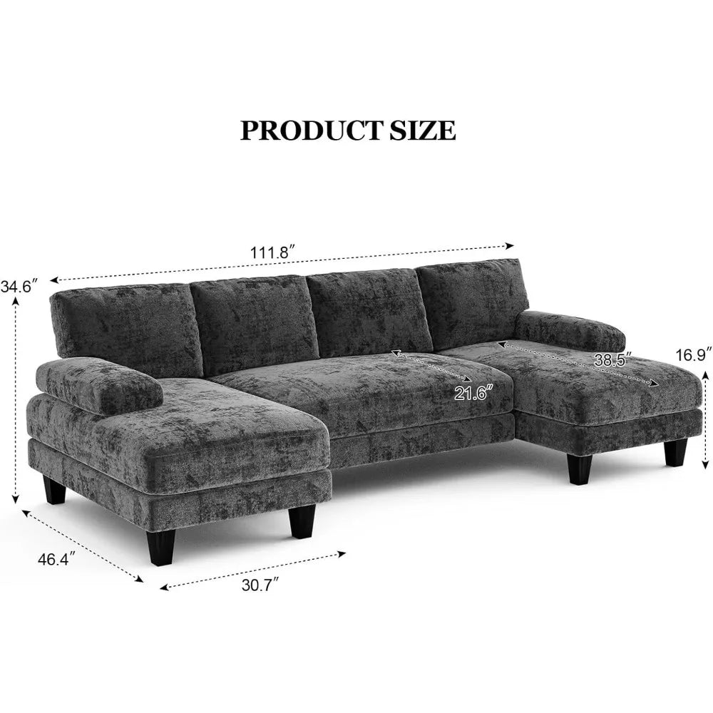 RYLEIGH Modern Foam Upholstered U-Shaped Sectional Sofa – Double Chaise Lounge Couch | 111.8"W