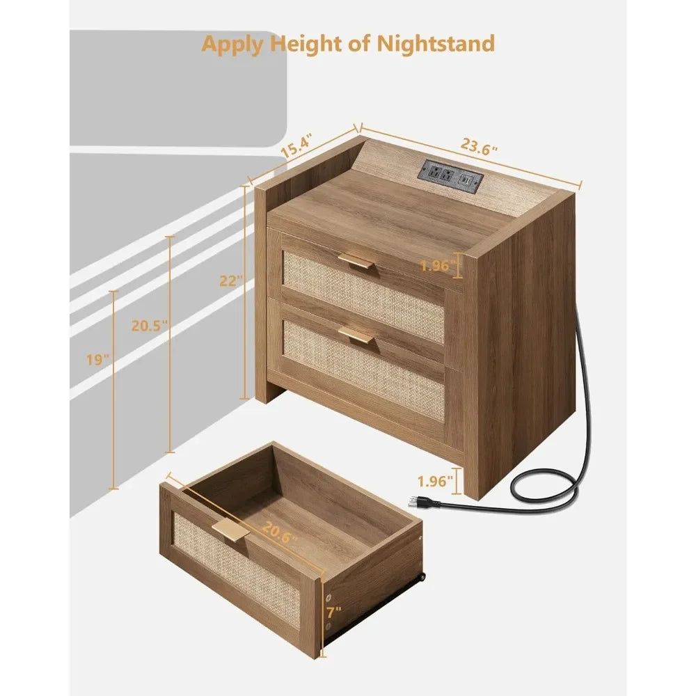 LAUREN Farmhouse Oak Rattan Nightstand Set – 23.6" Wide 2-Drawer Bedside Table with Type-C Charging Station