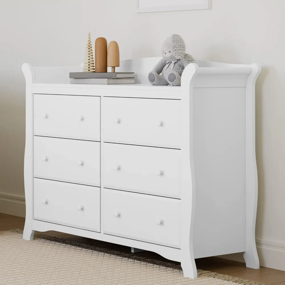 VERA Avalon Classic Sleigh 6-Drawer Dresser – White Wooden Chest for Nursery