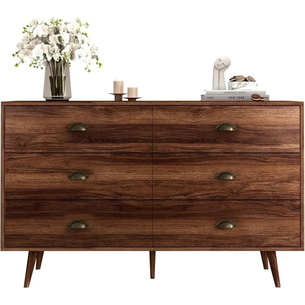RACHEL Mid-Century Modern 6-Drawer Wood Dresser with Gold Handles - 47.24'' Wide