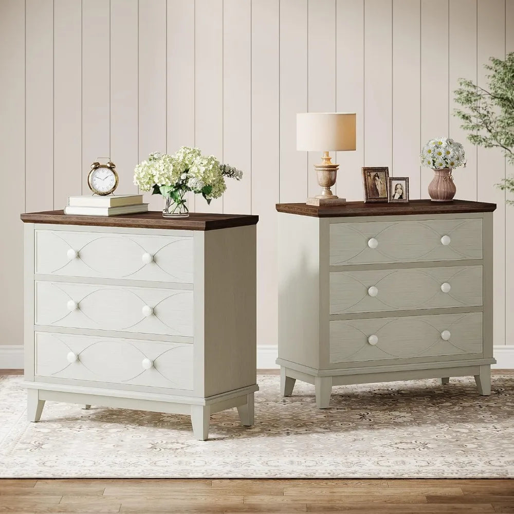 ADELYN Farmhouse Wood Nightstand Set - 3 Drawer Bedside Table