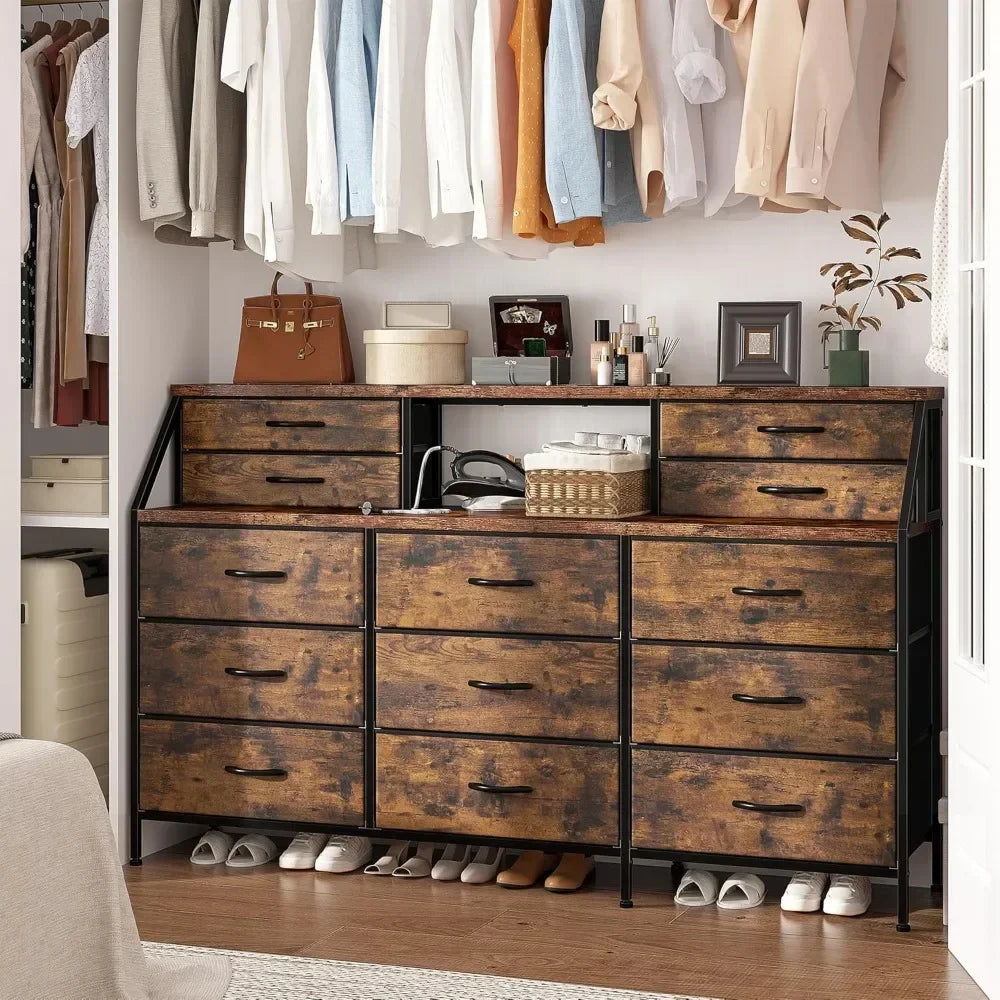 OPHELIA Modern Wide Storage Dresser – 13 Drawer Organizer with Open Shelves | 55.1'' W
