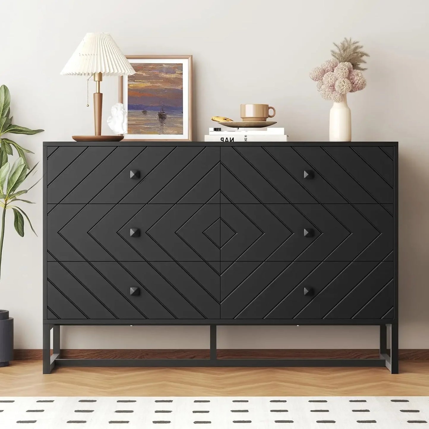 ALAINA Mid-Century Rattan 6-Drawer Double Dresser - 47.1''