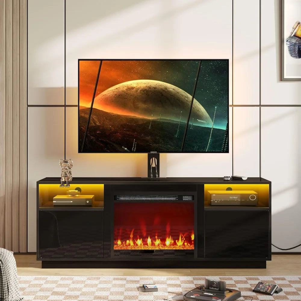Fireplace TV Stand with Led Lights and Power Outlets Swivel TV Stand Mount for 45/55/60/65 inch TVs Height Adjustable TV Console