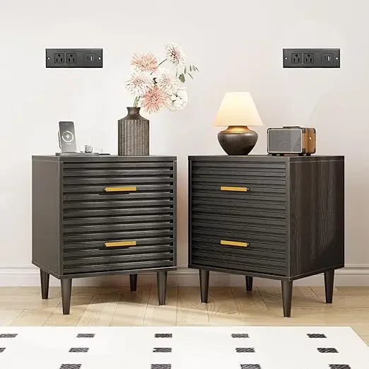 ALYSSA Modern Nightstand with Charging Station - 19" Wide Bedside Table with 2 Drawers