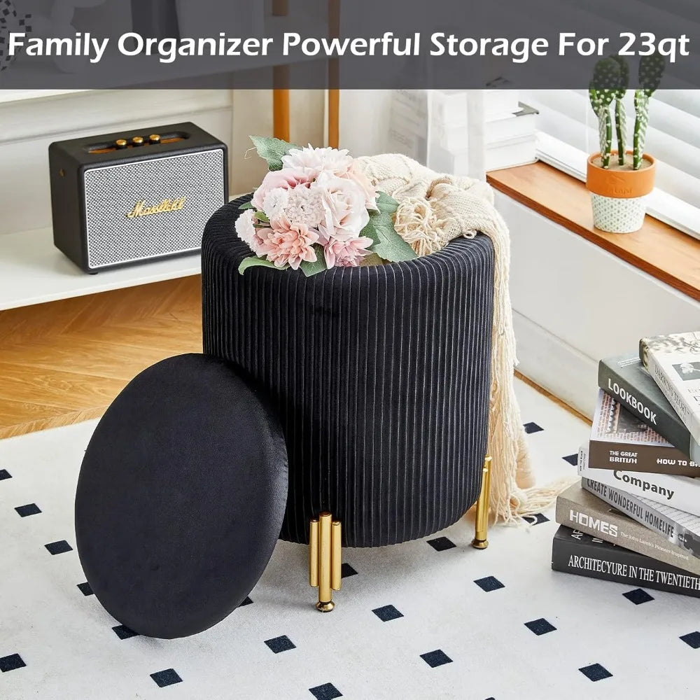 Ayden Round Velvet Upholstered Ottoman with Storage and Metal Legs - 13.8" W
