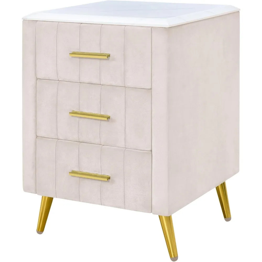 JOANNA Velvet Upholstered Nightstand with Faux Marble Top, 3-Drawer Modern Bedside Table - 16.3''
