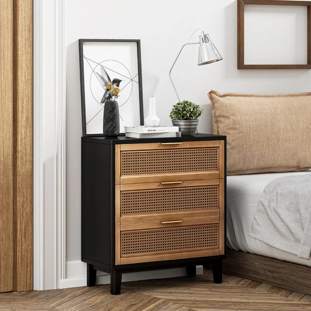 NAVY Farmhouse 3-Drawer Rattan Nightstand - 25" W Black Cane Front Accent Dresser with Brass Pulls