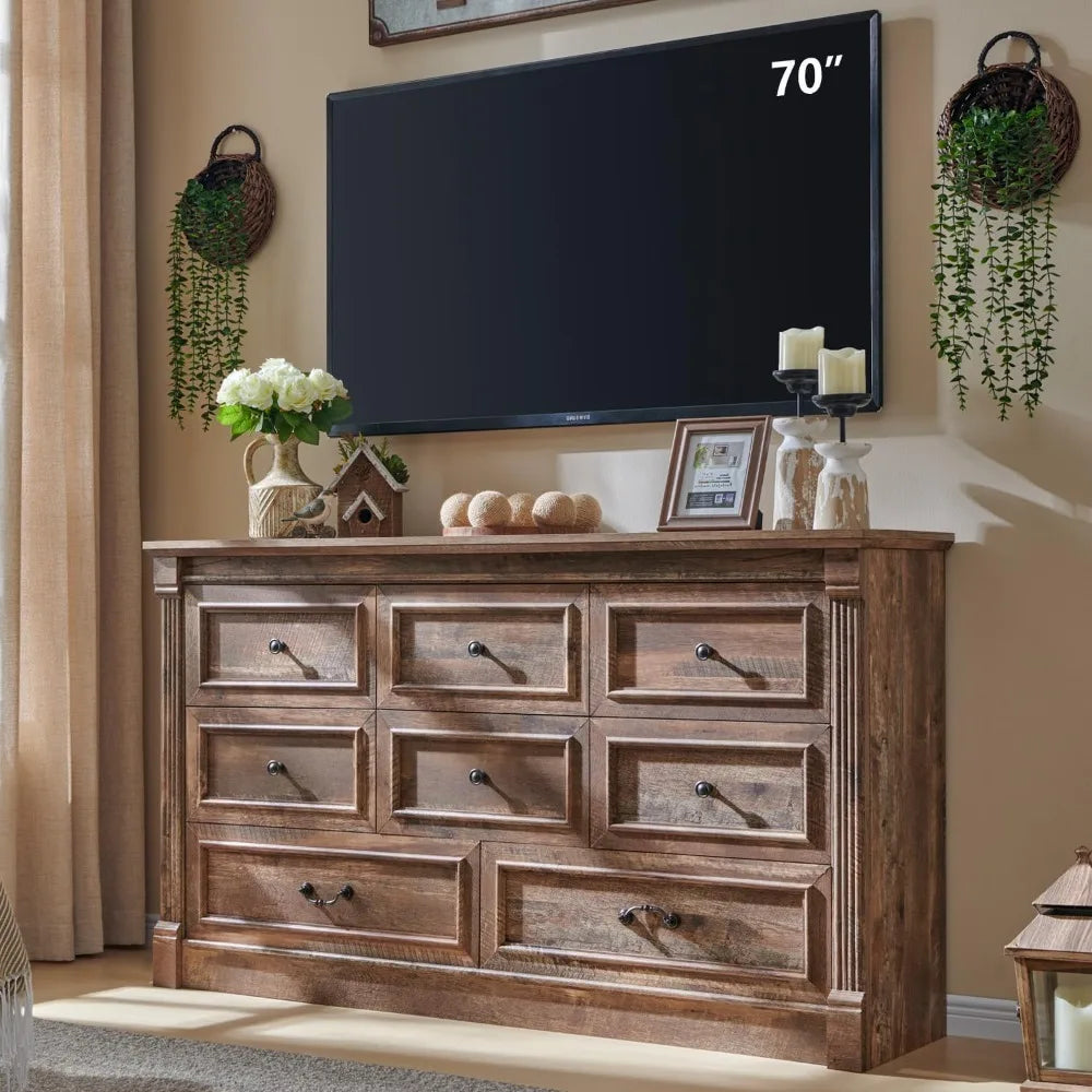 ELISE Rustic Farmhouse 8-Drawer Dresser with Roman Column Design – 61'' Wide Bedroom Storage Chest