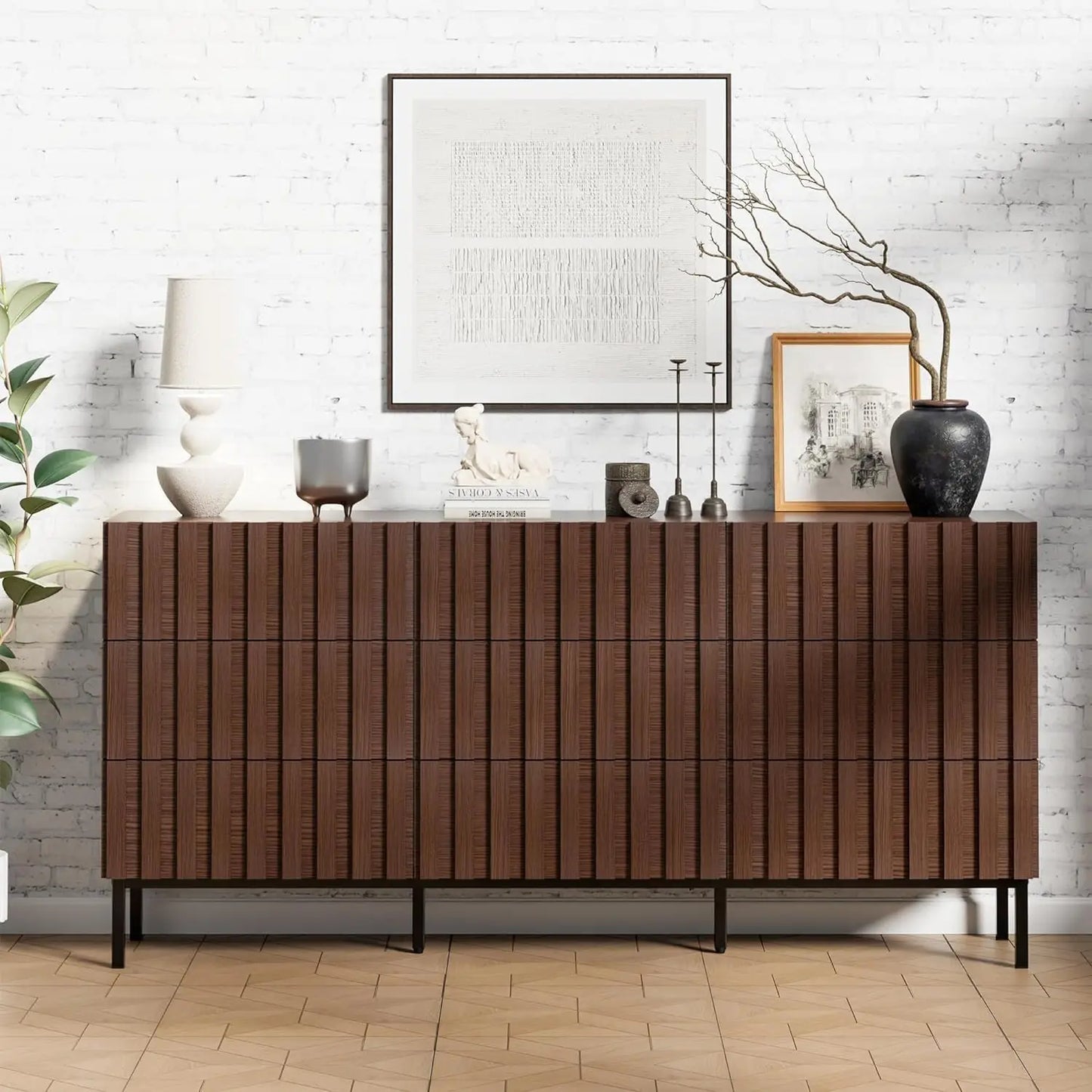 ROWAN Mid-Century Modern Fluted 9 Drawer Dresser - 59" Wide Wood Chest of Drawers