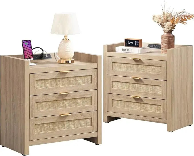 TEAGAN Wooden Bedside Table with Charging Station - 23.6'' Wide