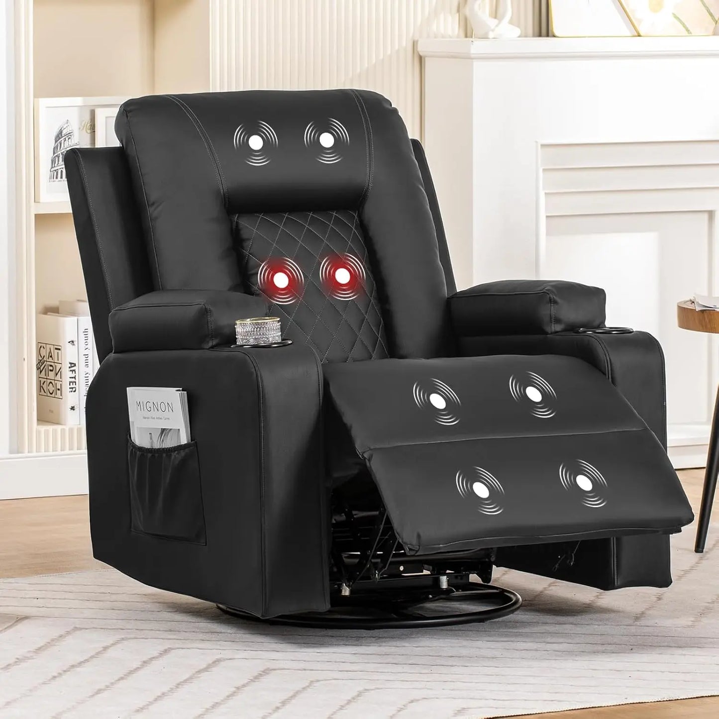 NORA Swivel Rocker Recliner Chair - Massage & Heat - Modern Faux Leather - 24" W