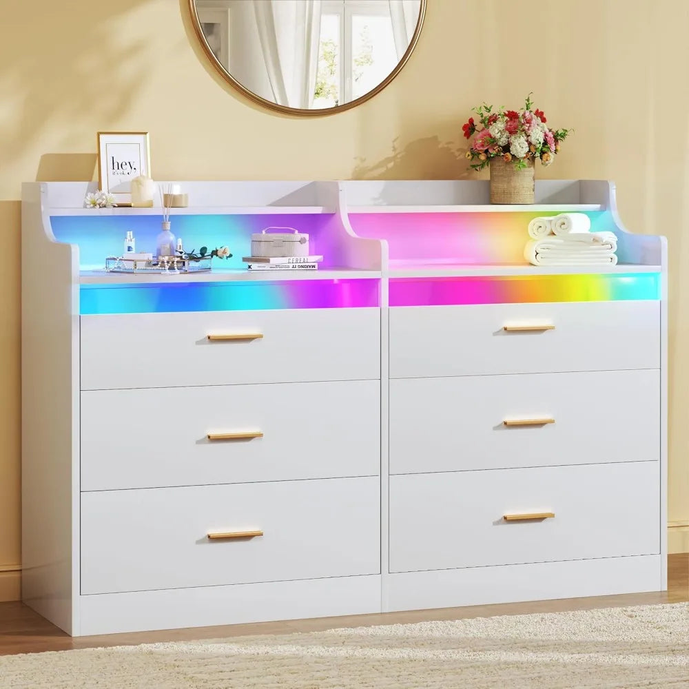 DAKOTA Modern LED Bedroom Dresser – 6 Drawer Storage Chest with Open Shelf & RGB Lights | 49'' W