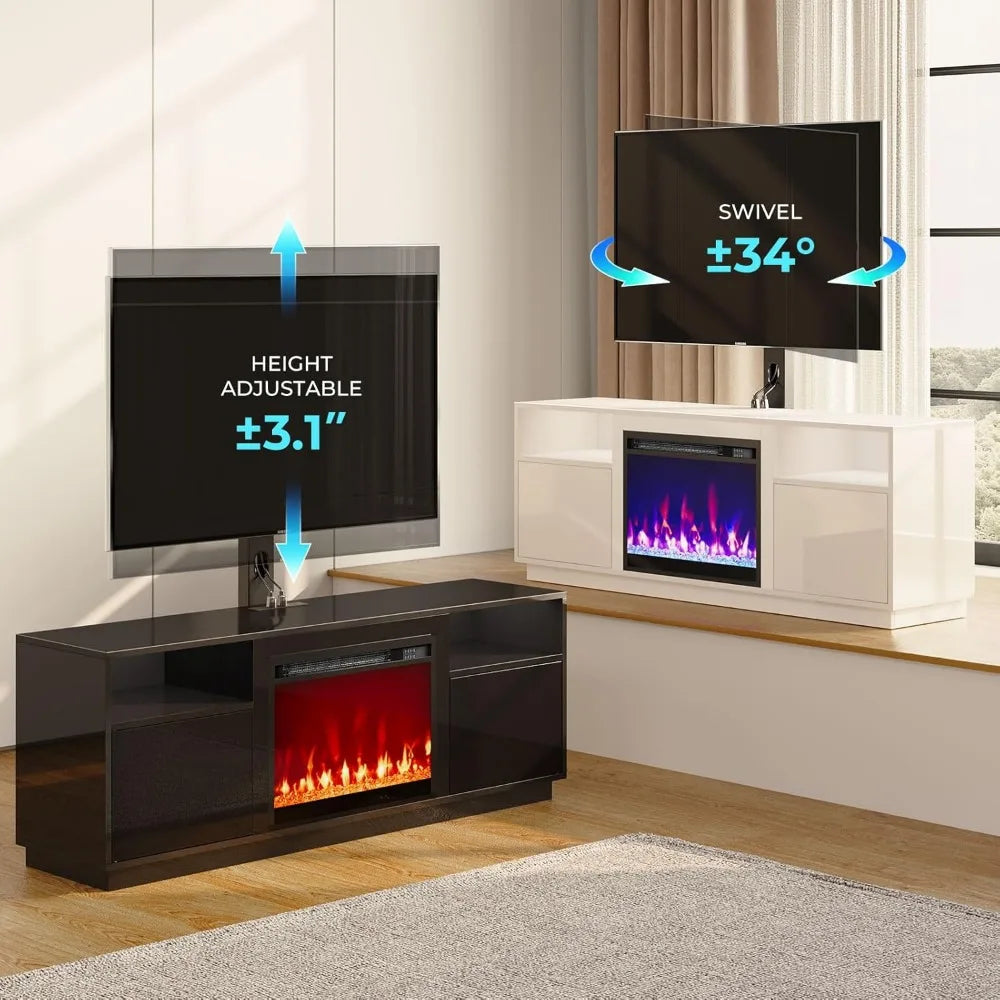 Fireplace TV Stand with Led Lights and Power Outlets Swivel TV Stand Mount for 45/55/60/65 inch TVs Height Adjustable TV Console