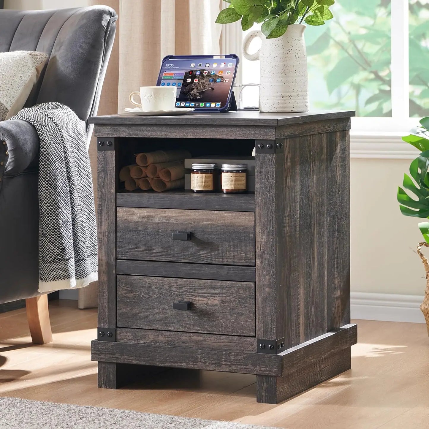 SELAH Rustic Farmhouse Nightstand with Charging Station – 18" Wooden End Table with Storage Drawers