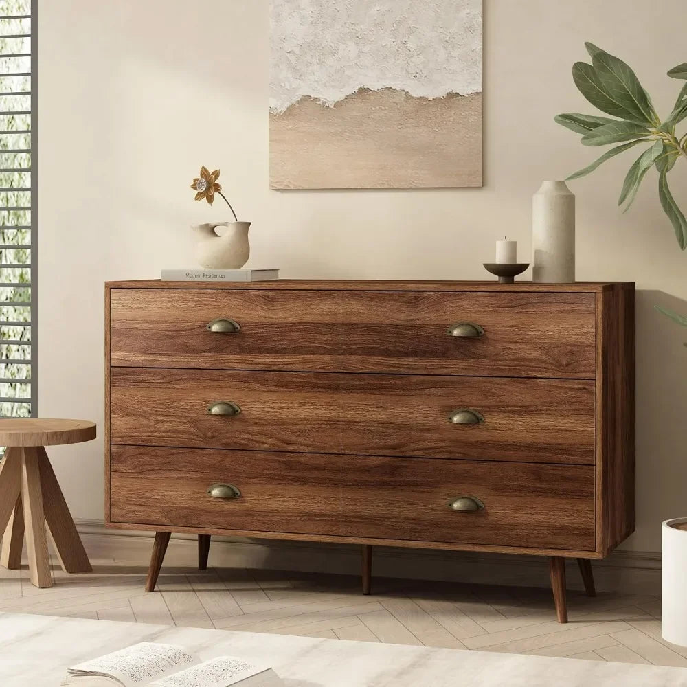 RACHEL Mid-Century Modern 6-Drawer Wood Dresser with Gold Handles - 47.24'' Wide