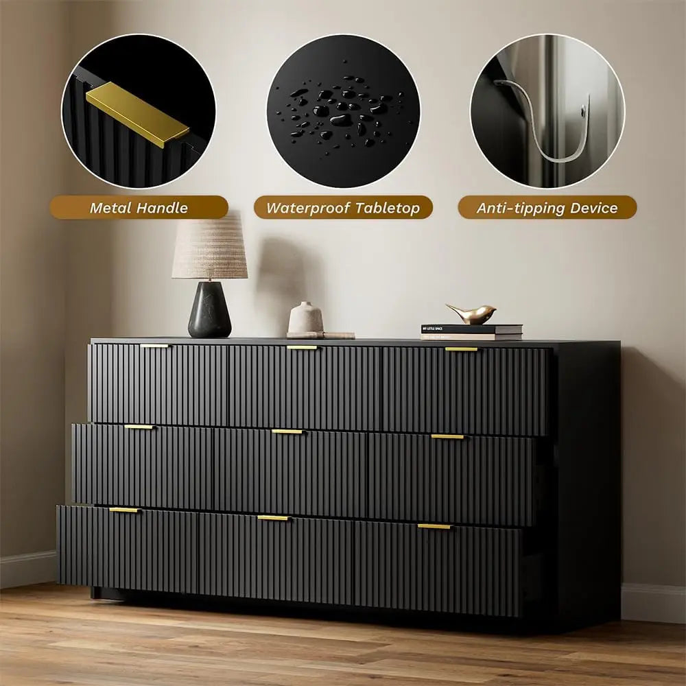 ANGELA Modern Fluted 9-Drawer Dresser - 63'' Wide Black Wood Storage Chest
