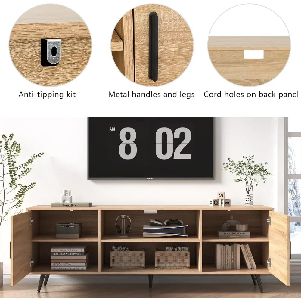 70 Inch Mid Century Modern TV Stand for 75 Inch , Wood with Storage, for Living Room Entertainment Center TV Stands