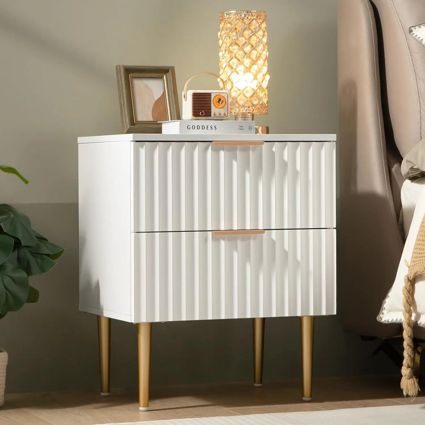 PHOENIX White Modern Fluted Nightstand with 2 Drawers - 24'' Wide