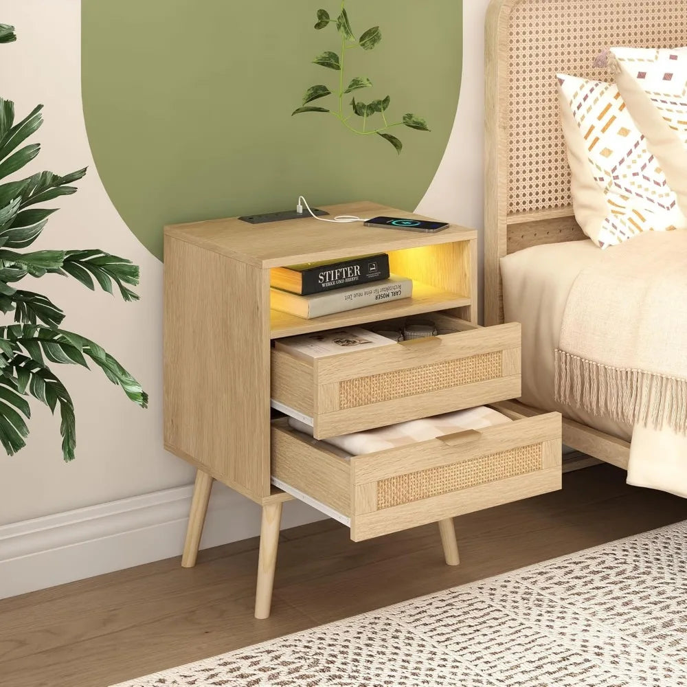 JAYLA Boho Rattan Nightstand with LED & Charging Station – 17.72'' Wide, 2-Drawer Bedside Table