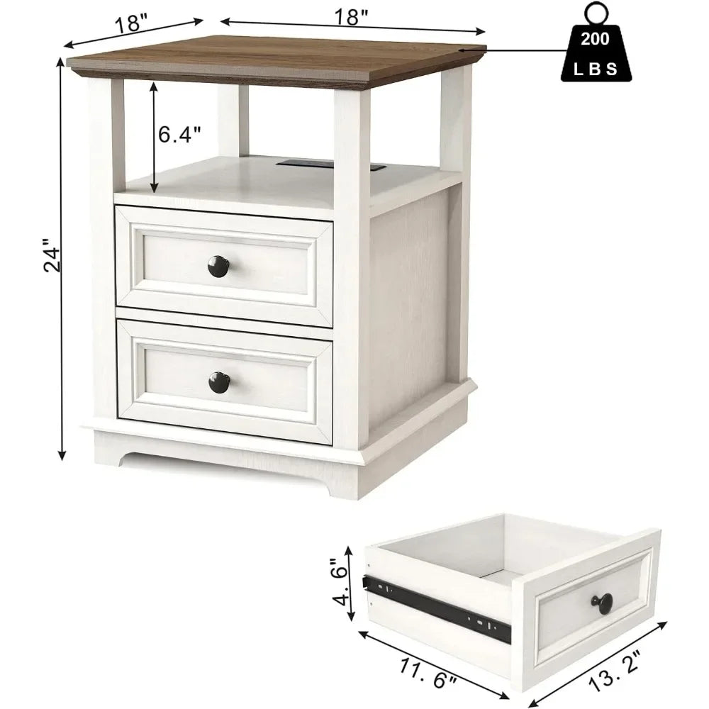 ALAYNA Rustic End Table with Charging Station & Storage Drawers