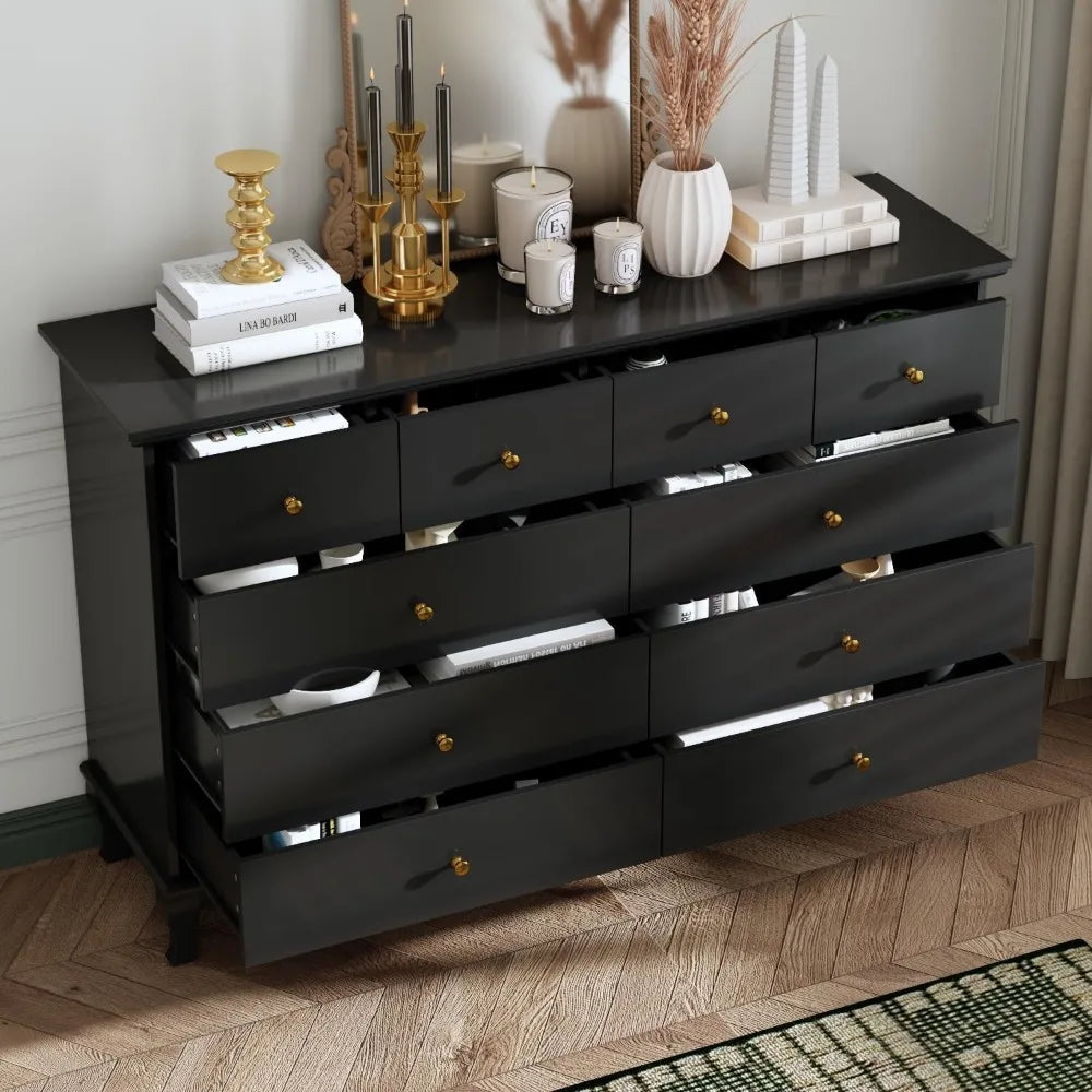 CELESTE Modern Black 10-Drawer Dresser - Traditional Chest of Drawers (55.1" Wide)