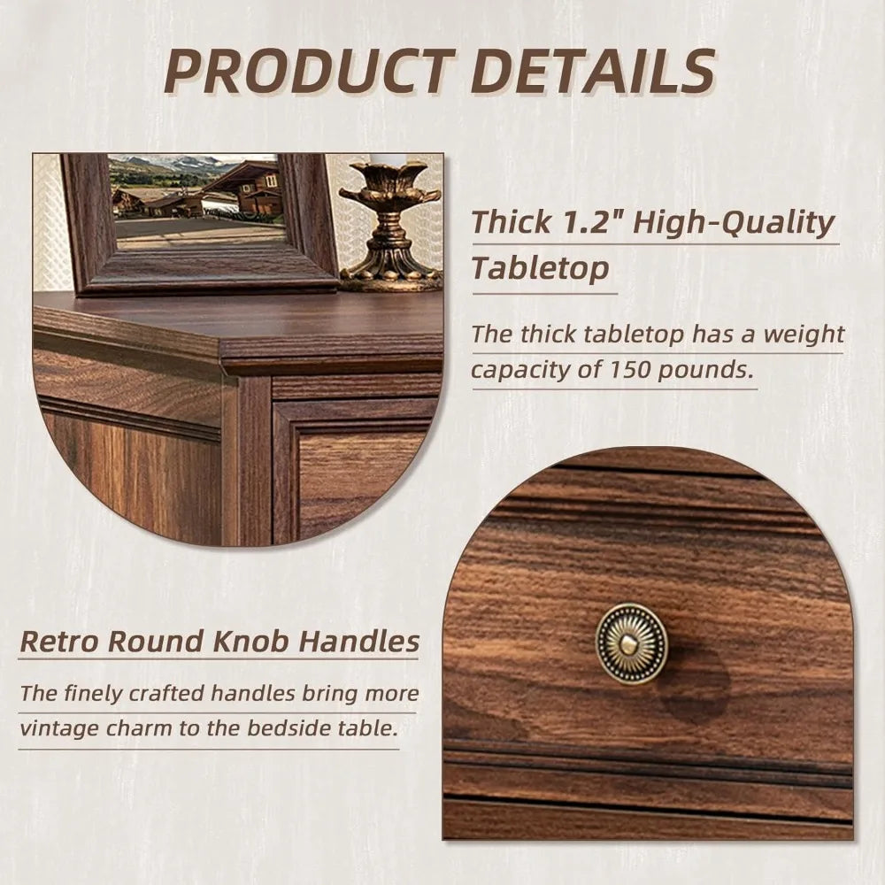 NAYELI Wide Nightstand Set of 2 – Solid Wood End Table with 3 Drawers for Bedroom