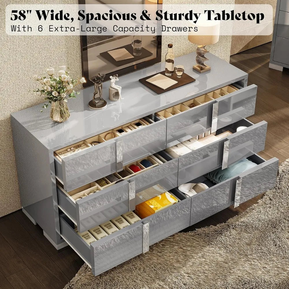 AUBREE Modern High Gloss 6-Drawer Dresser with Silver Handles - 54" W