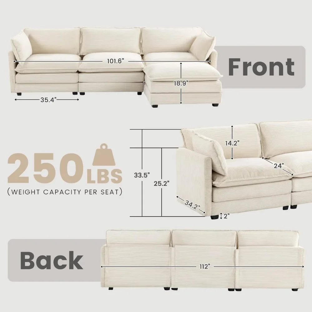 ALANA Velarno Corduroy Oversized Modular L-Shaped Sectional Sofa – Modern Style – 112.2"W
