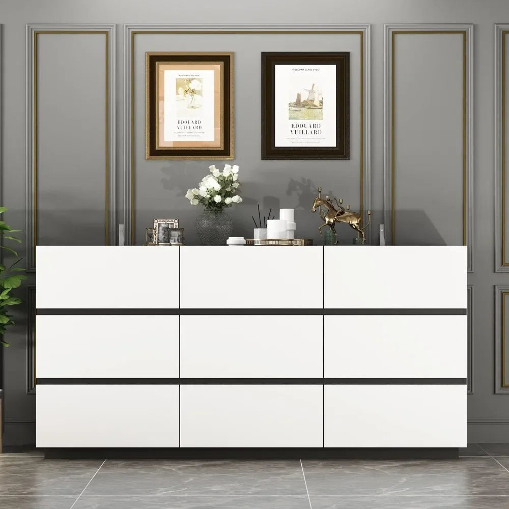 LEIA Modern 9-Drawer Wide Dresser – Sleek Black & White Chest of Drawers