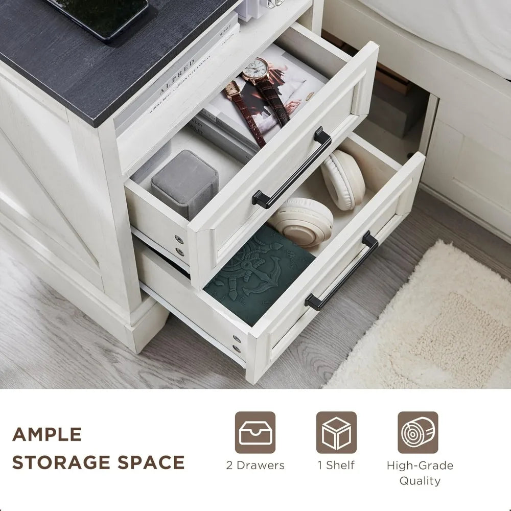 LEIGHTON Farmhouse Nightstand with Charging Station - 18'' Wide Wooden Bedside Table