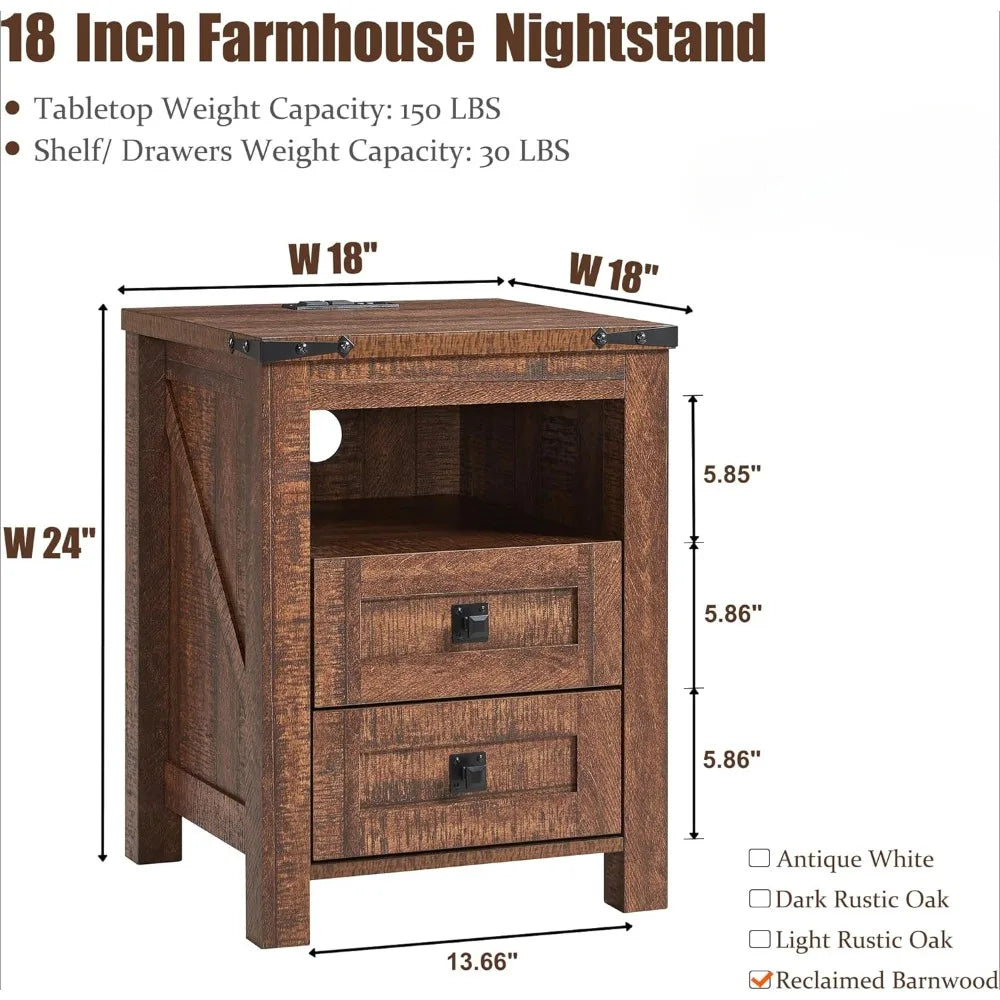 CHARLEE Rustic Farmhouse Nightstand with Charging Station & Storage - 18'' Wide