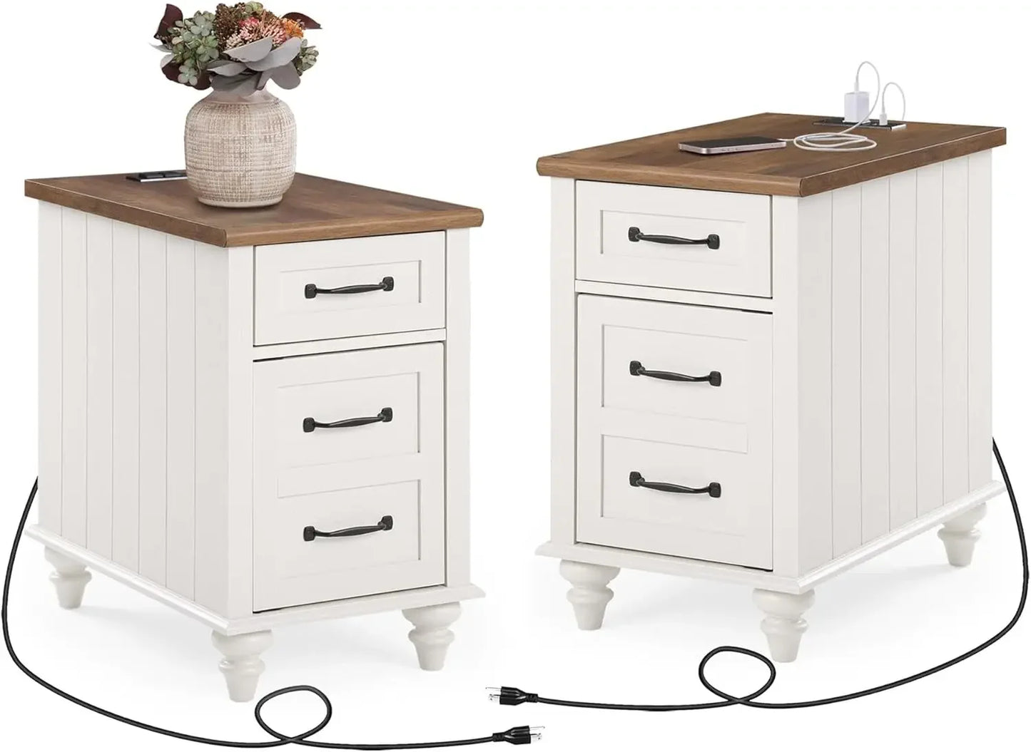 LILLIANA Wood Nightstand with Charging Station and Storage Cabinet – 14.9” Wide