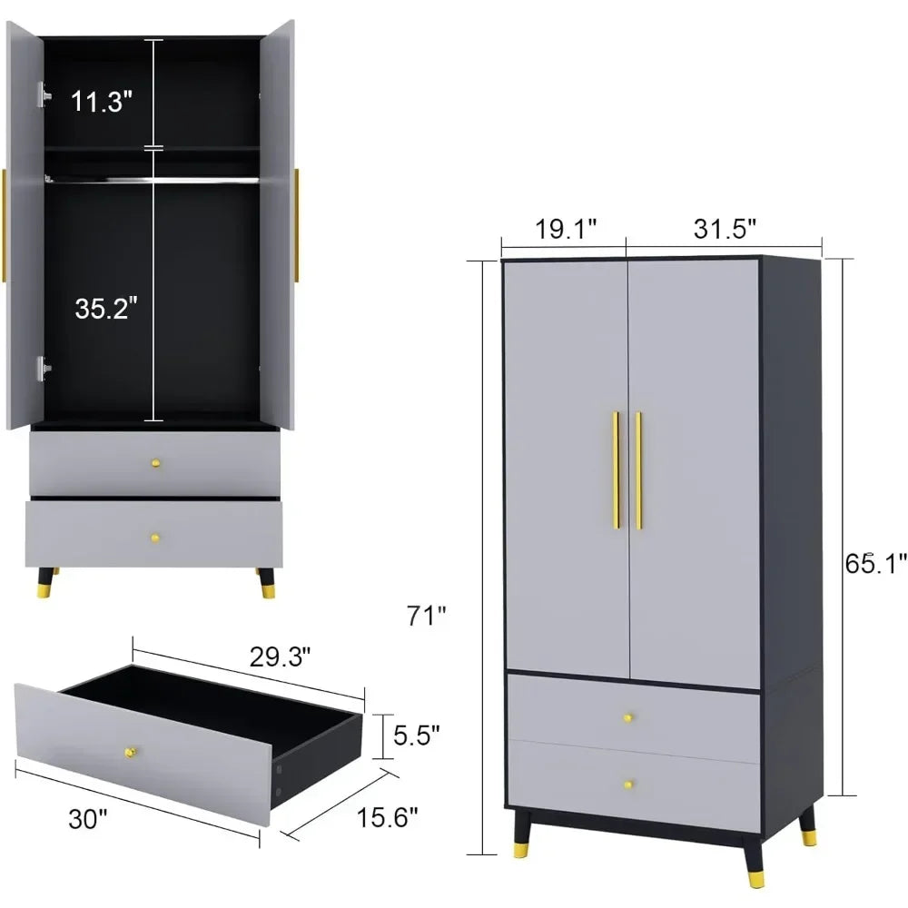 SABRINA Modern Wooden Wardrobe Armoire – Bedroom Clothing Organizer with Drawers & Hanging Rod