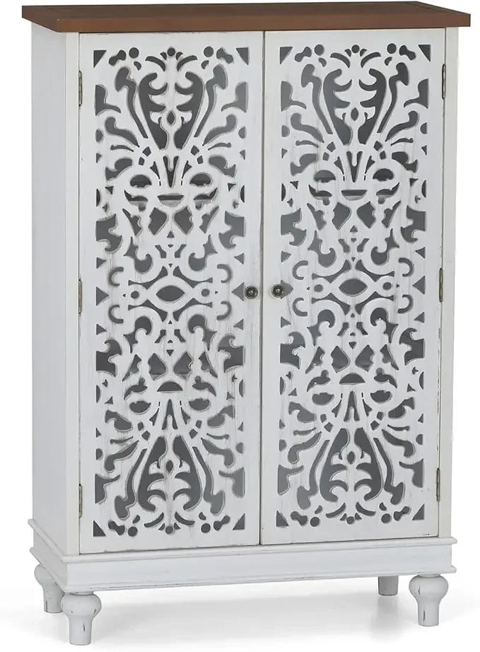 ALESSIA Vintage Carved Wood Accent Cabinet - 31.5" Tall Distressed Storage Cabinet