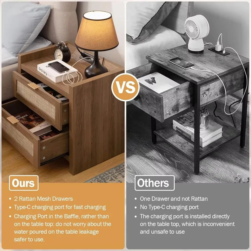 WYNTER Wide Bedside Table with Type-C Charging, 2 Drawers & Open Shelf
