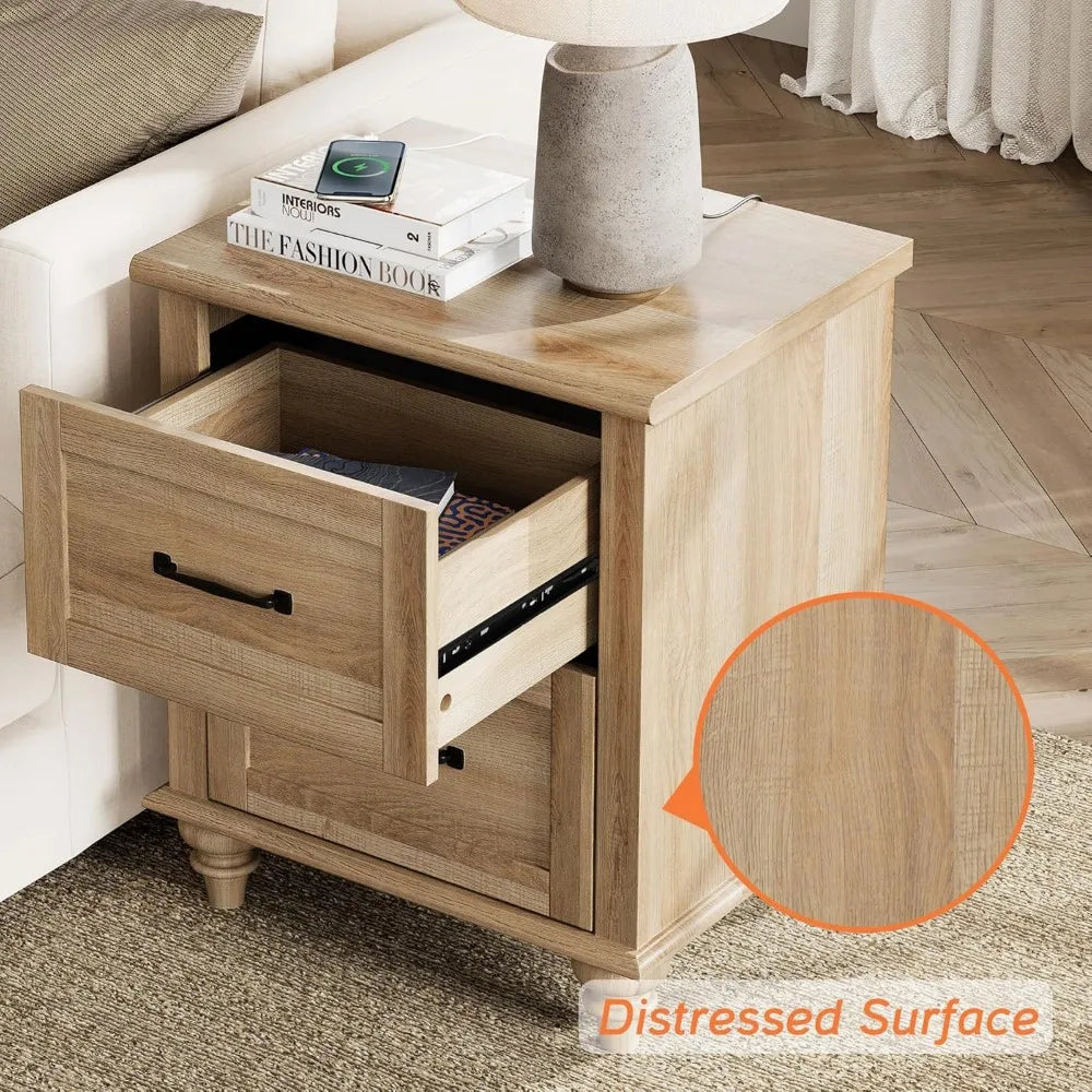 TESSA Wooden Nightstand Set of 2 - 2 Drawer Bedside Table with Charging Station