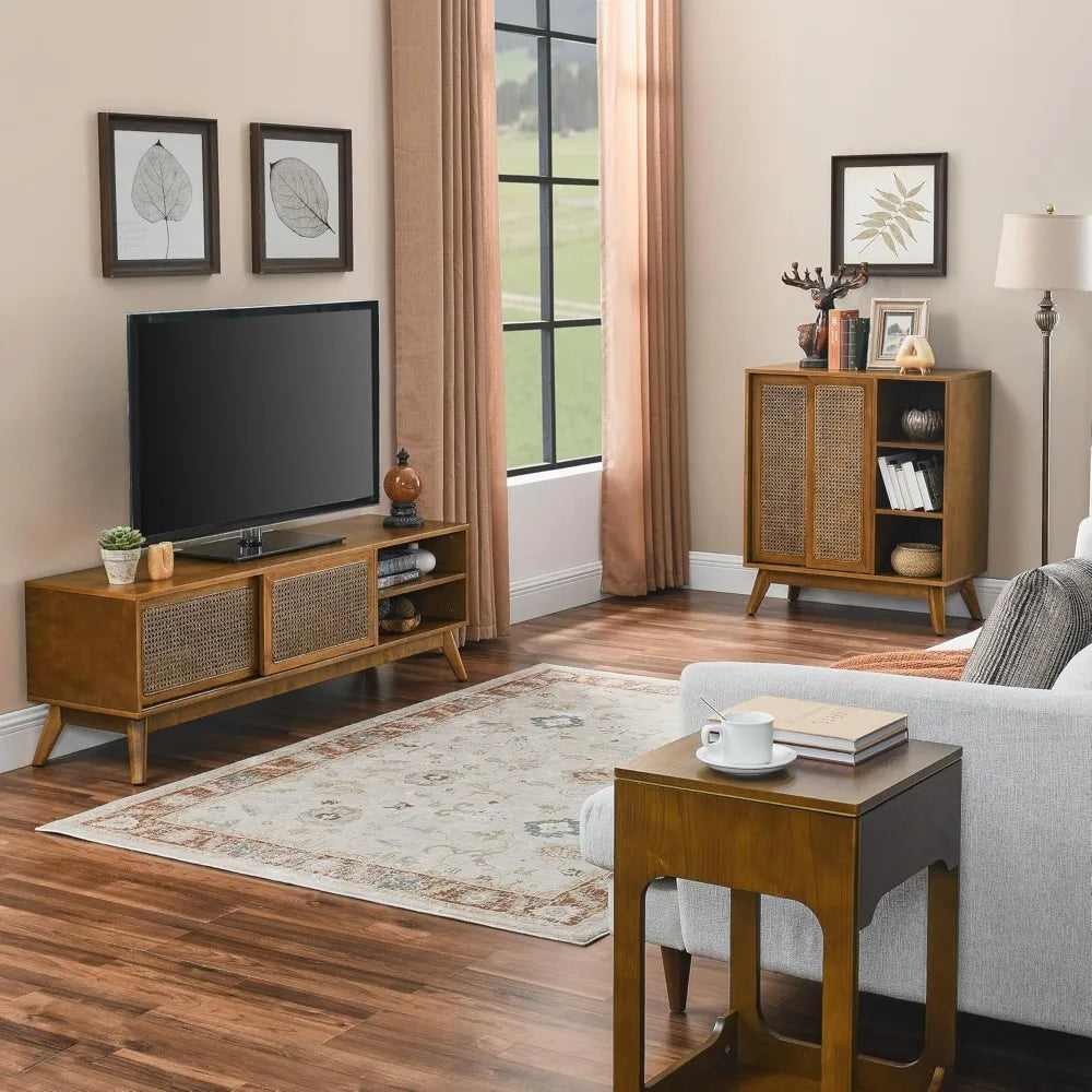 59 Inch Mid Century Modern TV Stand with Rattan Cabinet Doors, Boho TV Stand for 65 Inch TVs, Living Room/Bedroom TV Stand