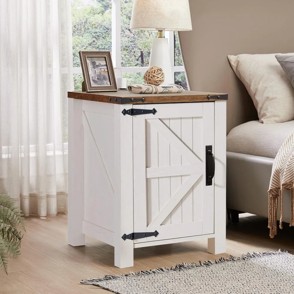 CAMILLA Rustic Farmhouse Barn Door Nightstand with Charging Station - 18'' Wide