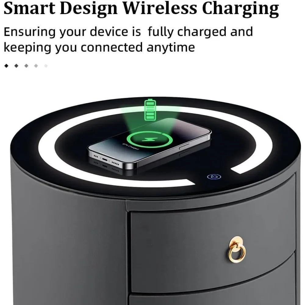 MCKENNA Modern Round Nightstand Set of 2 with Wireless Charging & LED Lights - 18.1''