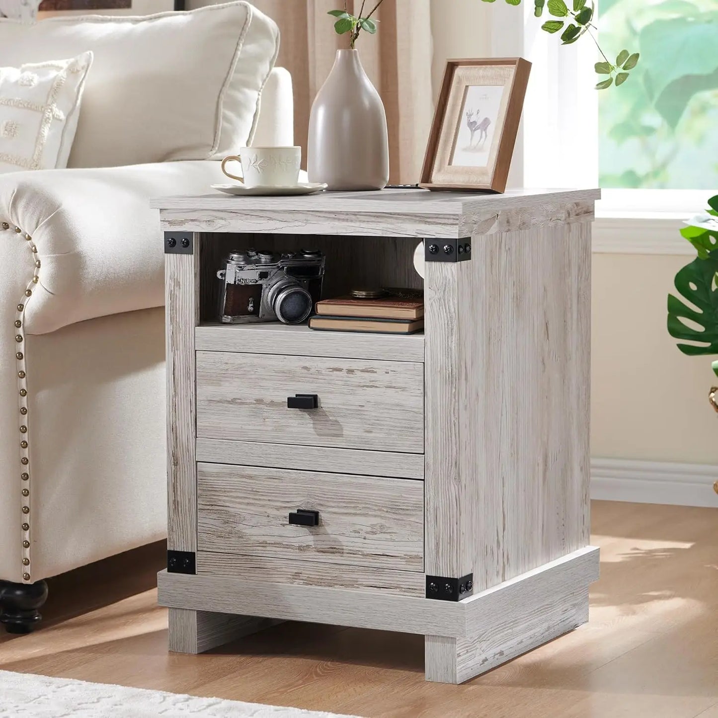 SELAH Rustic Farmhouse Nightstand with Charging Station – 18" Wooden End Table with Storage Drawers