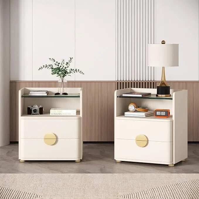 GRACELYNN Modern Glass-Top Nightstands Set of 2 – 2-Drawer Beige Bedside Table with Open Storage
