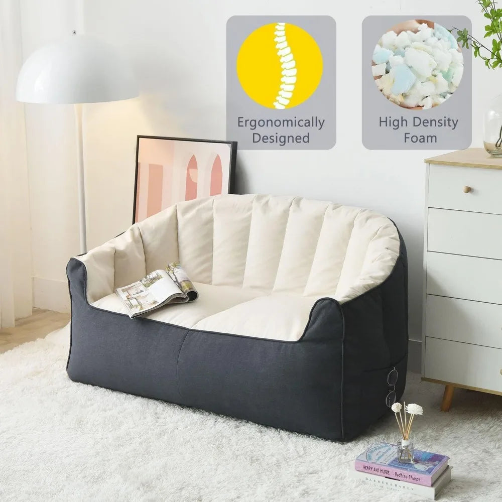 ARIELLE Modern Crescent Bean Bag Loveseat Sofa with Footrests – Cotton Fabric Couch - 45"W