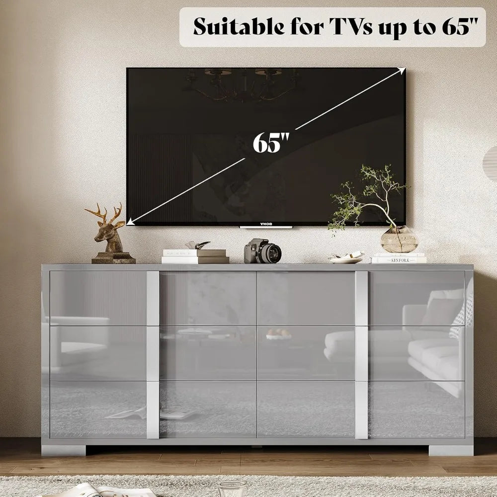 AUBREE Modern High Gloss 6-Drawer Dresser with Silver Handles - 54" W