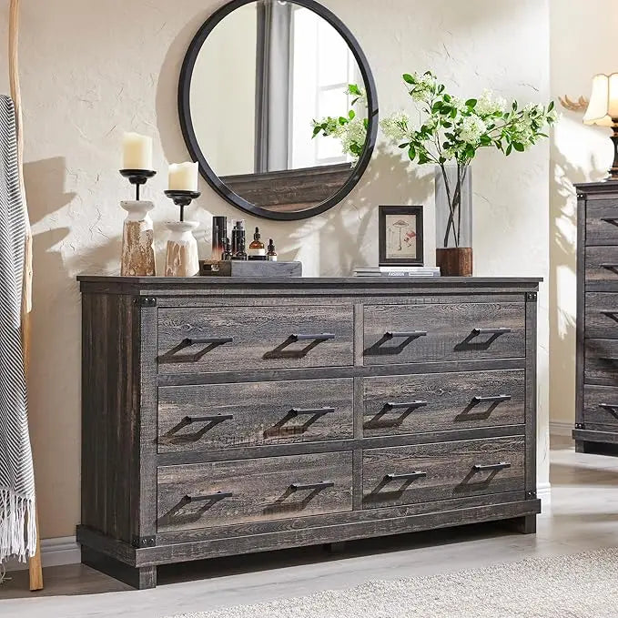 LEILA Farmhouse Rustic 6-Drawer Dresser - 54" Wide Chest of Drawers for Bedroom Storage